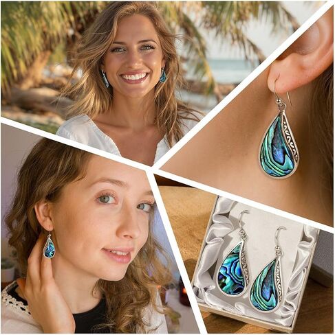 Abalone Shell Dangle Earrings for Women Sterling Silver 925 - Unique Vintage Beach Boho Earrings Trendy - Costume Jewelry Anniversary Birthday Gifts for Womens in Saudi Arabia