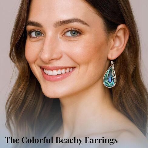 Abalone Shell Dangle Earrings for Women Sterling Silver 925 - Unique Vintage Beach Boho Earrings Trendy - Costume Jewelry Anniversary Birthday Gifts for Womens in Saudi Arabia