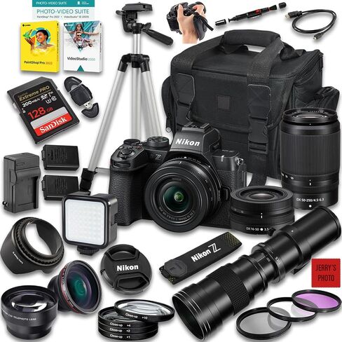 كاميرا Nikon Z50 II بدون مرآة مع عدسة Z DX 16-50 مم f/3.5-6.3 VR و50-250 مم f/4.5-6.3 VR وعدسة 420-800 مم f/8 + ذاكرة 128 جيجابايت + بطارية إضافية + حقيبة كاميرا + المزيد (حزمة 32 قطعة) (متجددة) in Saudi Arabia