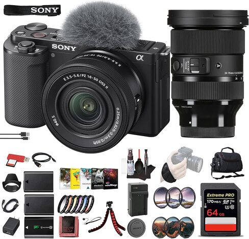 Sony ZV-E10 Mirrorless Camera Kit with 16-50mm II Power Zoom Lens (Black) | APS-C Sensor | Compact Creator Tool + Sony 18-105mm Lens + 4K Monitor + Pro Mic + 2 x 64GB Card + More in Saudi Arabia