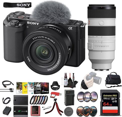 Sony ZV-E10 Mirrorless Camera Kit with 16-50mm II Power Zoom Lens (Black) | APS-C Sensor | Compact Creator Tool + Sony 18-105mm Lens + 64GB Card + Color Filter Kit + Filter Kit + More in Saudi Arabia