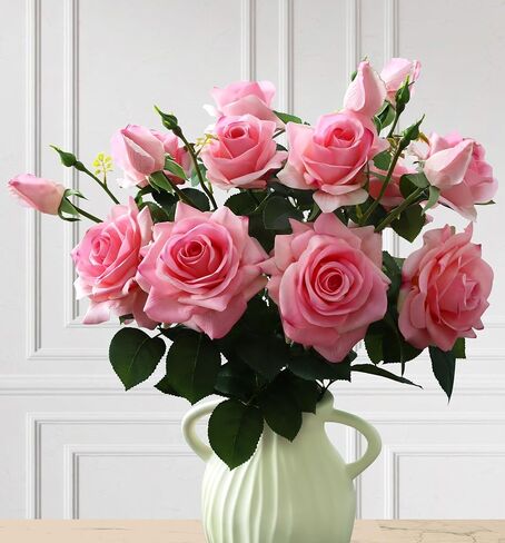 Pink Roses Artificial Flowers Indoor,Realistic Fake Flowers 5 Bouquets for Living Room Decor,Real Touch Fake Plants for Bathroom Home Kitchen Office Wedding Arch Centerpiece Table Bridal Shower Decor in Saudi Arabia