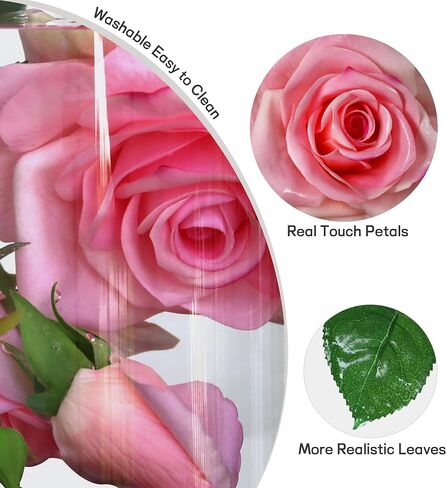 Pink Roses Artificial Flowers Indoor,Realistic Fake Flowers 5 Bouquets for Living Room Decor,Real Touch Fake Plants for Bathroom Home Kitchen Office Wedding Arch Centerpiece Table Bridal Shower Decor in Saudi Arabia