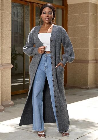 Tbahhir Womens Open Front Long Cardigan V Neck Button Down Oversized Duster Fall Trendy Chunky Knit Sweater Coat in Saudi Arabia