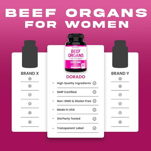 Beef Organ Supplement for Women - Grass Fed Beef Liver, Heart, Kidney & Uterus 1000mg Per Serving - Support Women's Energy & Overall Health - Third Party Tested & Non GMO - USA Made (120 Capsules) in Saudi Arabia
