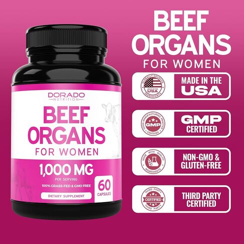Beef Organ Supplement for Women - Grass Fed Beef Liver, Heart, Kidney & Uterus 1000mg Per Serving - Support Women's Energy & Overall Health - Third Party Tested & Non GMO - USA Made (120 Capsules) in Saudi Arabia