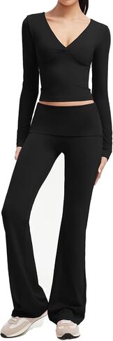 SUUKSESS Women 2 pieces Lounge Sets Long Sleeve V Neck Tops Fold Over Flare Leggings in Saudi Arabia