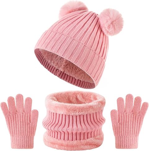 Tavaleu Kids Winter Beanie Hat Scarf Gloves Set Knit Warm Toddler Winter Cap Gloves Neck Warmer for Boys Girls 1-8 Year, Pink - Pompom in Saudi Arabia