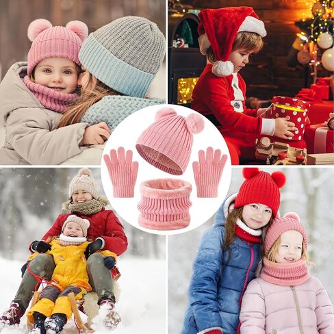 Tavaleu Kids Winter Beanie Hat Scarf Gloves Set Knit Warm Toddler Winter Cap Gloves Neck Warmer for Boys Girls 1-8 Year, Pink - Pompom in Saudi Arabia