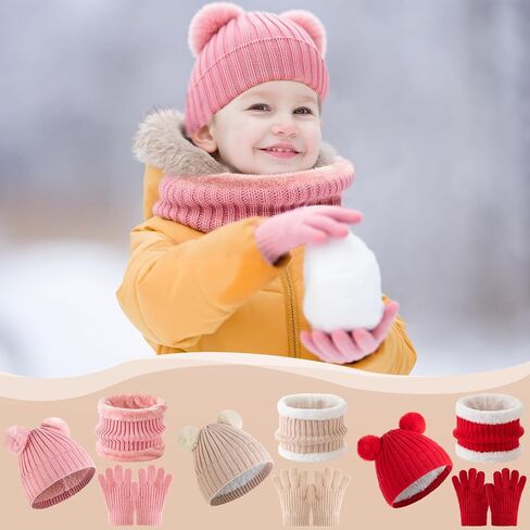 Tavaleu Kids Winter Beanie Hat Scarf Gloves Set Knit Warm Toddler Winter Cap Gloves Neck Warmer for Boys Girls 1-8 Year, Pink - Pompom in Saudi Arabia
