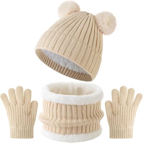 Tavaleu Kids Winter Beanie Hat Scarf Gloves Set Knit Warm Toddler Winter Cap Gloves Neck Warmer for Boys Girls 1-8 Year, Pink - Pompom in Saudi Arabia