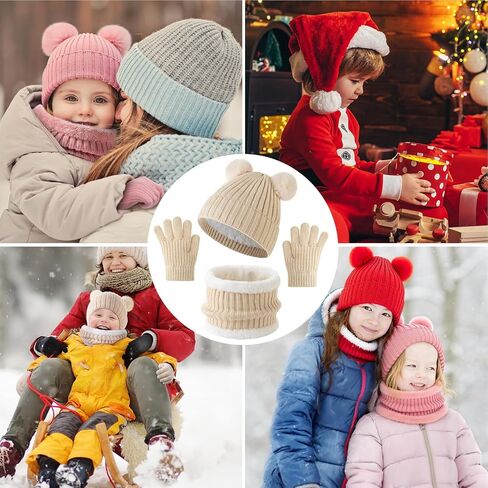 Tavaleu Kids Winter Beanie Hat Scarf Gloves Set Knit Warm Toddler Winter Cap Gloves Neck Warmer for Boys Girls 1-8 Year, Pink - Pompom in Saudi Arabia