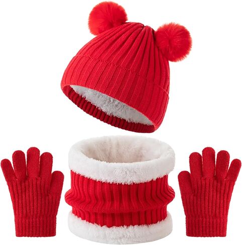 Tavaleu Kids Winter Beanie Hat Scarf Gloves Set Knit Warm Toddler Winter Cap Gloves Neck Warmer for Boys Girls 1-8 Year, Pink - Pompom in Saudi Arabia