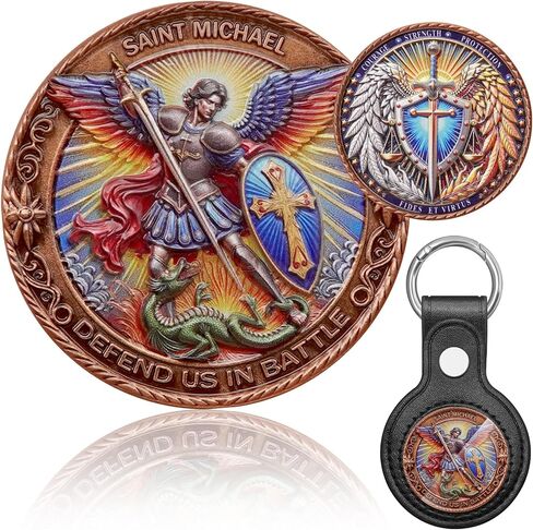 St Michael Archangel Coin 3D Engraved Saint Michael Keychain Medal Challenge Coin with Leather Coin Holder in Kuwait