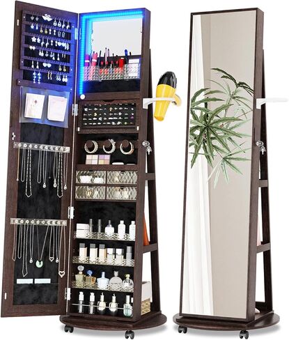 مرآة كاملة الطول مع مساحة تخزين مجوهرات، منظم خزانة مجوهرات يدور 360 درجة مع أضواء، خزانة مجوهرات مرآة قابلة للقفل، خزانة مرآة مجوهرات لهدايا عيد الميلاد (أبيض) in Kuwait