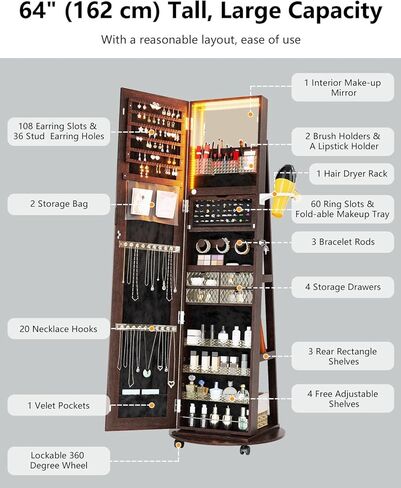 مرآة كاملة الطول مع مساحة تخزين مجوهرات، منظم خزانة مجوهرات يدور 360 درجة مع أضواء، خزانة مجوهرات مرآة قابلة للقفل، خزانة مرآة مجوهرات لهدايا عيد الميلاد (أبيض) in Kuwait