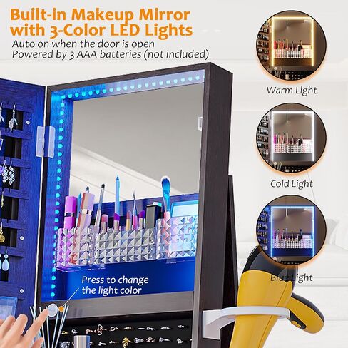 مرآة كاملة الطول مع مساحة تخزين مجوهرات، منظم خزانة مجوهرات يدور 360 درجة مع أضواء، خزانة مجوهرات مرآة قابلة للقفل، خزانة مرآة مجوهرات لهدايا عيد الميلاد (أبيض) in Kuwait