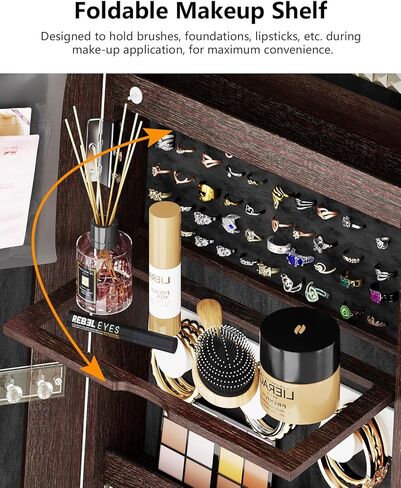 مرآة كاملة الطول مع مساحة تخزين مجوهرات، منظم خزانة مجوهرات يدور 360 درجة مع أضواء، خزانة مجوهرات مرآة قابلة للقفل، خزانة مرآة مجوهرات لهدايا عيد الميلاد (أبيض) in Kuwait