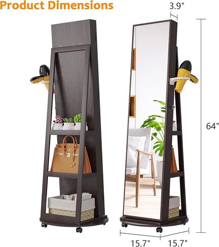 مرآة كاملة الطول مع مساحة تخزين مجوهرات، منظم خزانة مجوهرات يدور 360 درجة مع أضواء، خزانة مجوهرات مرآة قابلة للقفل، خزانة مرآة مجوهرات لهدايا عيد الميلاد (أبيض) in Kuwait