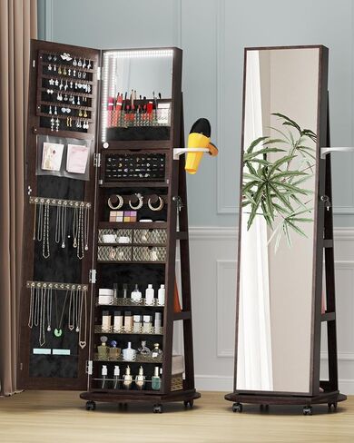 مرآة كاملة الطول مع مساحة تخزين مجوهرات، منظم خزانة مجوهرات يدور 360 درجة مع أضواء، خزانة مجوهرات مرآة قابلة للقفل، خزانة مرآة مجوهرات لهدايا عيد الميلاد (أبيض) in Kuwait