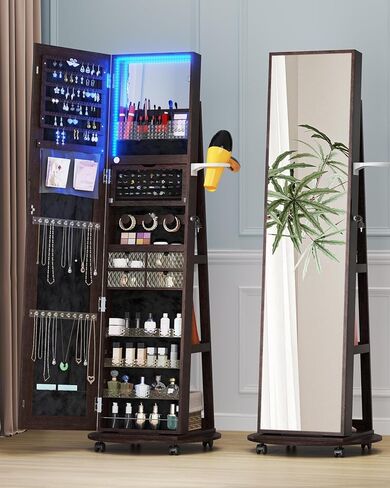 مرآة كاملة الطول مع مساحة تخزين مجوهرات، منظم خزانة مجوهرات يدور 360 درجة مع أضواء، خزانة مجوهرات مرآة قابلة للقفل، خزانة مرآة مجوهرات لهدايا عيد الميلاد (أبيض) in Kuwait