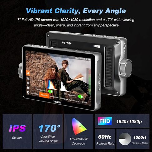 Viltrox DC-L1 7 "شاشة حقل الكاميرا ، إدخال/إخراج 4K HDMI ، 1280 × 800 شاشة تعمل باللمس خارج الفيديو مع LUT 3D ، شكل موجة ، ذروتها ، لون كاذب ، غطاء محرك السيارة ، بطارية لـ Sony Canon Nikon Fuji DSLR in Kuwait