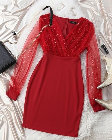 CHICME Women's Glitter Party Dress 2025 V-Neck Mesh Sheer Lantern Sleeve Mini Dresses Zipper Back Slim Fit Evening Dress in Kuwait