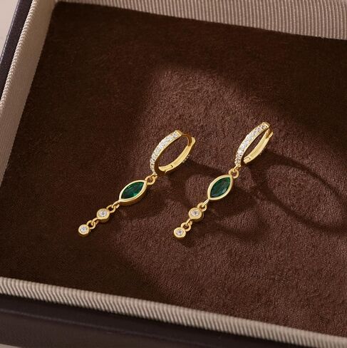 SLUYNZ 925 Sterling Silver Green CZ Marquise Dangle Earrings for Women Teens Bezel CZ Dangle Earrings Hoop in Saudi Arabia