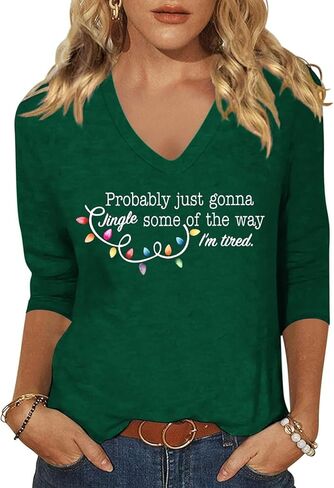 قميص كاجوال 3/4 كم برقبة على شكل حرف V للنساء، تي شيرت مرح للعطلات، تي شيرت فضفاض للخريف والشتاء in Kuwait