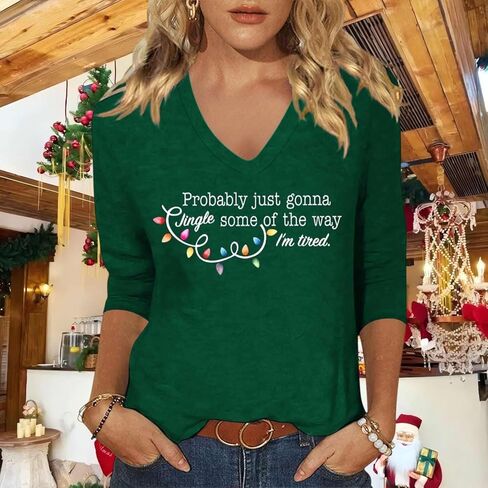 قميص كاجوال 3/4 كم برقبة على شكل حرف V للنساء، تي شيرت مرح للعطلات، تي شيرت فضفاض للخريف والشتاء in Kuwait