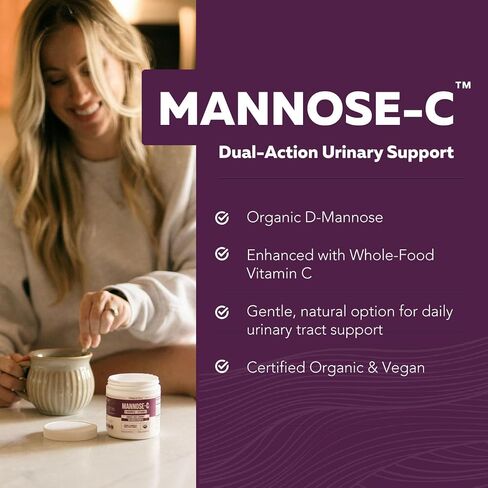 Mannose-C - Organic D-Mannose + Whole Food Vitamin C, Natural UTI Support Supplement to Flush & Cleanse Urinary Tract, Certified Organic Urinary Health for Women, Vegan, Non-GMO (180 Count) in Saudi Arabia