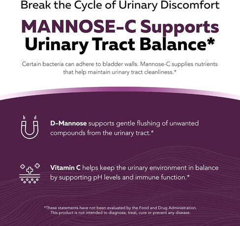 Mannose-C - Organic D-Mannose + Whole Food Vitamin C, Natural UTI Support Supplement to Flush & Cleanse Urinary Tract, Certified Organic Urinary Health for Women, Vegan, Non-GMO (180 Count) in Saudi Arabia