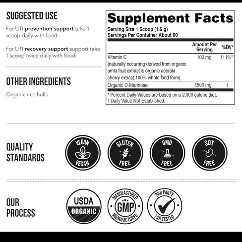 Mannose-C - Organic D-Mannose + Whole Food Vitamin C, Natural UTI Support Supplement to Flush & Cleanse Urinary Tract, Certified Organic Urinary Health for Women, Vegan, Non-GMO (180 Count) in Saudi Arabia