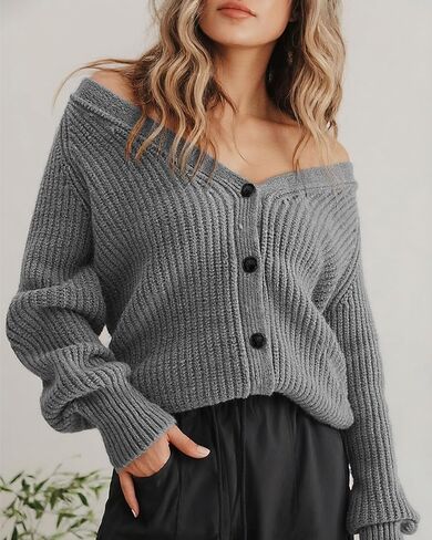 SUUKSESS Women Long Sleeve Button Down Short Cardigan 2025 Fall Loose Open Front Knit Sweater in Saudi Arabia