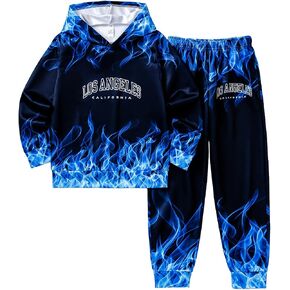 Boys Sweatsuits Two Pieces Pants Set 3D Fire Printed Hoodies Sweatshirt and Sweatpants Set Outfit Sets for Boy 5-14Y in Saudi Arabia