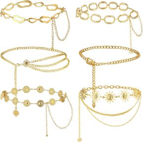 6 Pcs Gold Waist Chain Belts for Women Multi Layer Sun Concho Chunky Metal Adjustable Body Belly Chain for Jeans Dress in Saudi Arabia