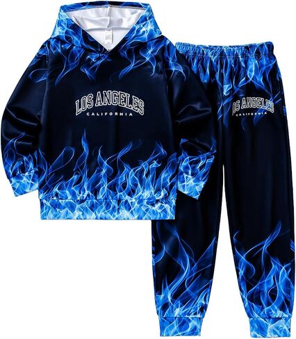 Boys Sweatsuits Two Pieces Pants Set 3D Fire Printed Hoodies Sweatshirt and Sweatpants Set Outfit Sets for Boy 5-14Y in Saudi Arabia