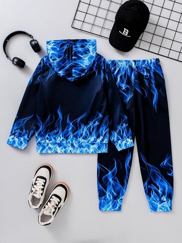 Boys Sweatsuits Two Pieces Pants Set 3D Fire Printed Hoodies Sweatshirt and Sweatpants Set Outfit Sets for Boy 5-14Y in Saudi Arabia