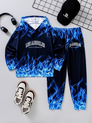 Boys Sweatsuits Two Pieces Pants Set 3D Fire Printed Hoodies Sweatshirt and Sweatpants Set Outfit Sets for Boy 5-14Y in Saudi Arabia
