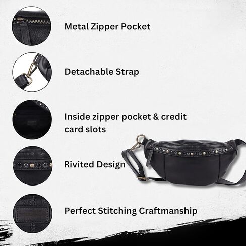 Genuine Italian Leather Boho Studded Waist Bag – Stylish & Durable Unisex Travel Fanny Pack for Essentials (Navy) in Saudi Arabia