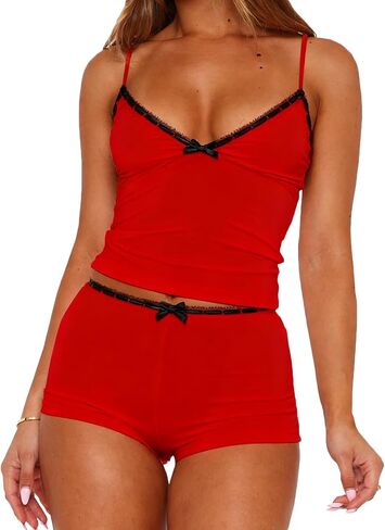 RUEWEY Women 2 Pieces Pajamas Set Bow Loungewear V-Neck Sleeveless Cami Tops and Shorts Sleepwear Outfits in Saudi Arabia