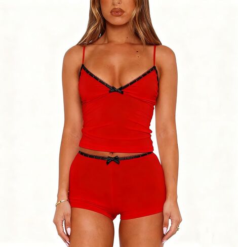 RUEWEY Women 2 Pieces Pajamas Set Bow Loungewear V-Neck Sleeveless Cami Tops and Shorts Sleepwear Outfits in Saudi Arabia