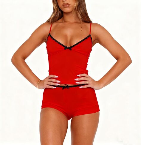 RUEWEY Women 2 Pieces Pajamas Set Bow Loungewear V-Neck Sleeveless Cami Tops and Shorts Sleepwear Outfits in Saudi Arabia