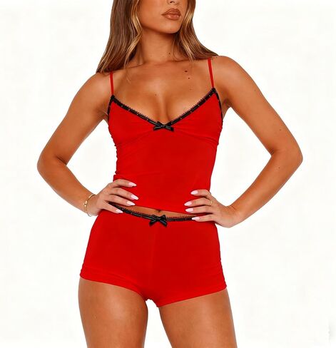 RUEWEY Women 2 Pieces Pajamas Set Bow Loungewear V-Neck Sleeveless Cami Tops and Shorts Sleepwear Outfits in Saudi Arabia