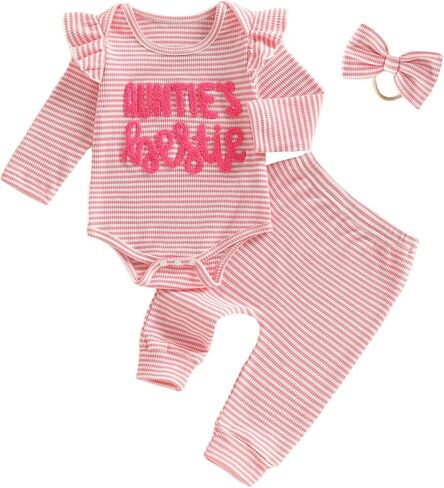 Aunties Bestie Baby Girl Clothes Aunt Saying Letter Embroidery Ruffle Romper Leopard Pant Headband 3Pcs Summer Outfit in Saudi Arabia