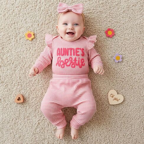 Aunties Bestie Baby Girl Clothes Aunt Saying Letter Embroidery Ruffle Romper Leopard Pant Headband 3Pcs Summer Outfit in Saudi Arabia
