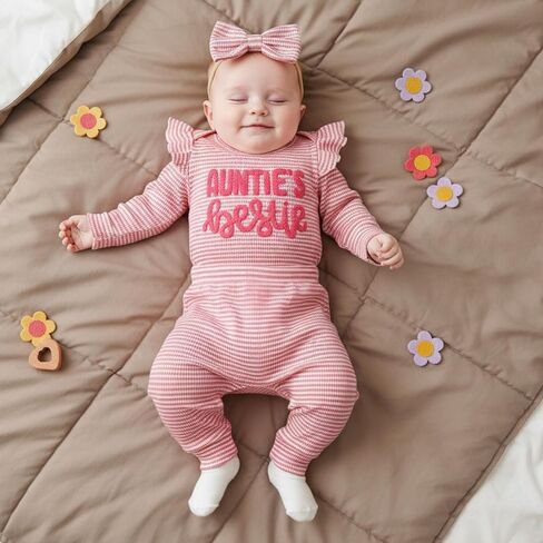 Aunties Bestie Baby Girl Clothes Aunt Saying Letter Embroidery Ruffle Romper Leopard Pant Headband 3Pcs Summer Outfit in Saudi Arabia