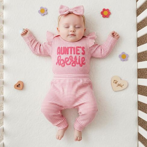 Aunties Bestie Baby Girl Clothes Aunt Saying Letter Embroidery Ruffle Romper Leopard Pant Headband 3Pcs Summer Outfit in Saudi Arabia