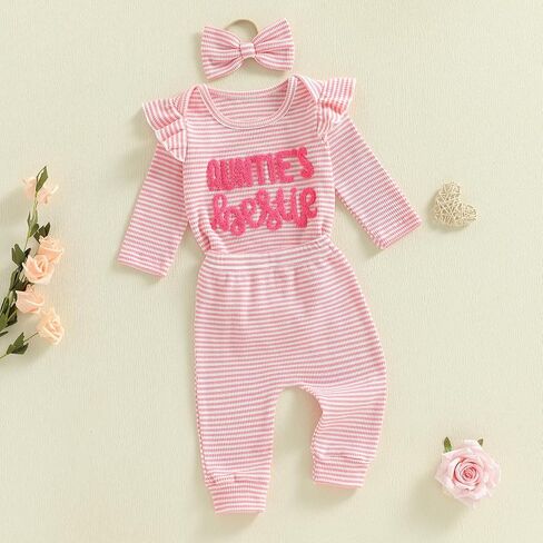 Aunties Bestie Baby Girl Clothes Aunt Saying Letter Embroidery Ruffle Romper Leopard Pant Headband 3Pcs Summer Outfit in Saudi Arabia
