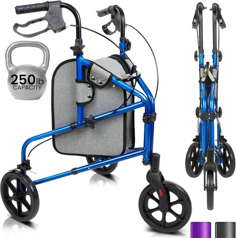 Vive Mobility 3 Wheel Walker - لفة ثلاثية العجلات لكبار السن - وزن خفيف ، قابلة للطي ، ضيقة ، ثقيلة - للنساء المسنات - قابلة للطي ثلاثية ثلاث عجلات مع كيس سلة in Kuwait